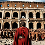**A dramatic depiction of early Christian martyrs in the Roman Colosseum during the reign of Emperor Nero, with lions roaring and a crowd looking on. Focus on the emotion and the contrast between the condemned Christians and the powerful Roman Empire. Include elements of Roman architecture and attire. Dark, gritty, and emotionally charged.**