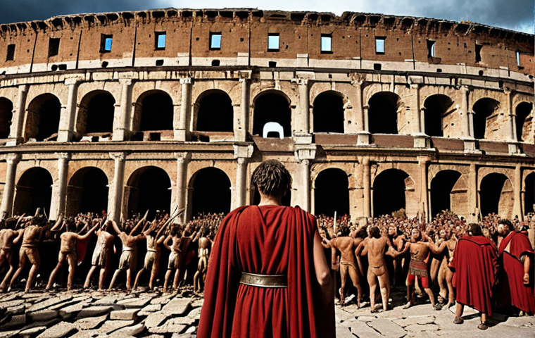 **A dramatic depiction of early Christian martyrs in the Roman Colosseum during the reign of Emperor Nero, with lions roaring and a crowd looking on. Focus on the emotion and the contrast between the condemned Christians and the powerful Roman Empire. Include elements of Roman architecture and attire. Dark, gritty, and emotionally charged.**