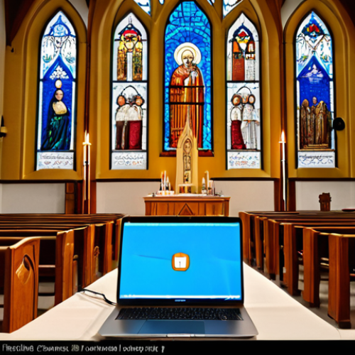 Home 6 **A modern church service being live-streamed online.** Focus on the blend of traditional religious imagery (stained glass, altar) with modern technology (cameras, laptops). Show people watching the service on their devices. Emphasize the accessibility and global reach of Christianity through digital means. The scene is bright and hopeful.