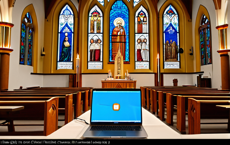 **A modern church service being live-streamed online.** Focus on the blend of traditional religious imagery (stained glass, altar) with modern technology (cameras, laptops). Show people watching the service on their devices. Emphasize the accessibility and global reach of Christianity through digital means. The scene is bright and hopeful.