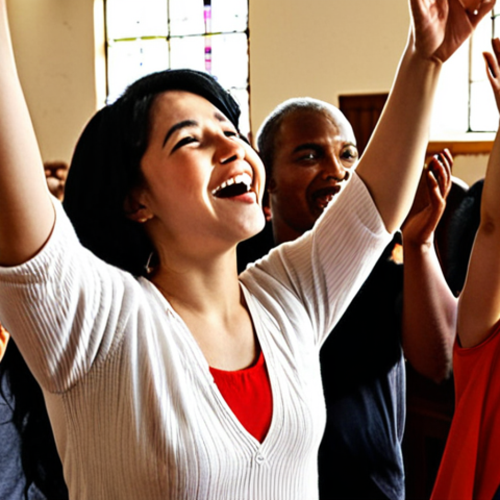 **Prompt 1: Unity in Diverse Worship**
    "A vibrant, diverse congregation from various ethnicities and nationalities, including individuals of Russian, Ukrainian, Armenian, Georgian, Korean, and African descent, joyfully worshipping together in a contemporary church setting. They are singing, raising hands, and sharing moments of fellowship, embodying unity in diversity. The atmosphere is warm, inclusive, and vibrant, reflecting a blend of cultural expressions in their shared faith. The scene emphasizes belonging, acceptance, and a deep sense of community, filled with natural light."