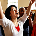 **Prompt 1: Unity in Diverse Worship**
    "A vibrant, diverse congregation from various ethnicities and nationalities, including individuals of Russian, Ukrainian, Armenian, Georgian, Korean, and African descent, joyfully worshipping together in a contemporary church setting. They are singing, raising hands, and sharing moments of fellowship, embodying unity in diversity. The atmosphere is warm, inclusive, and vibrant, reflecting a blend of cultural expressions in their shared faith. The scene emphasizes belonging, acceptance, and a deep sense of community, filled with natural light."
