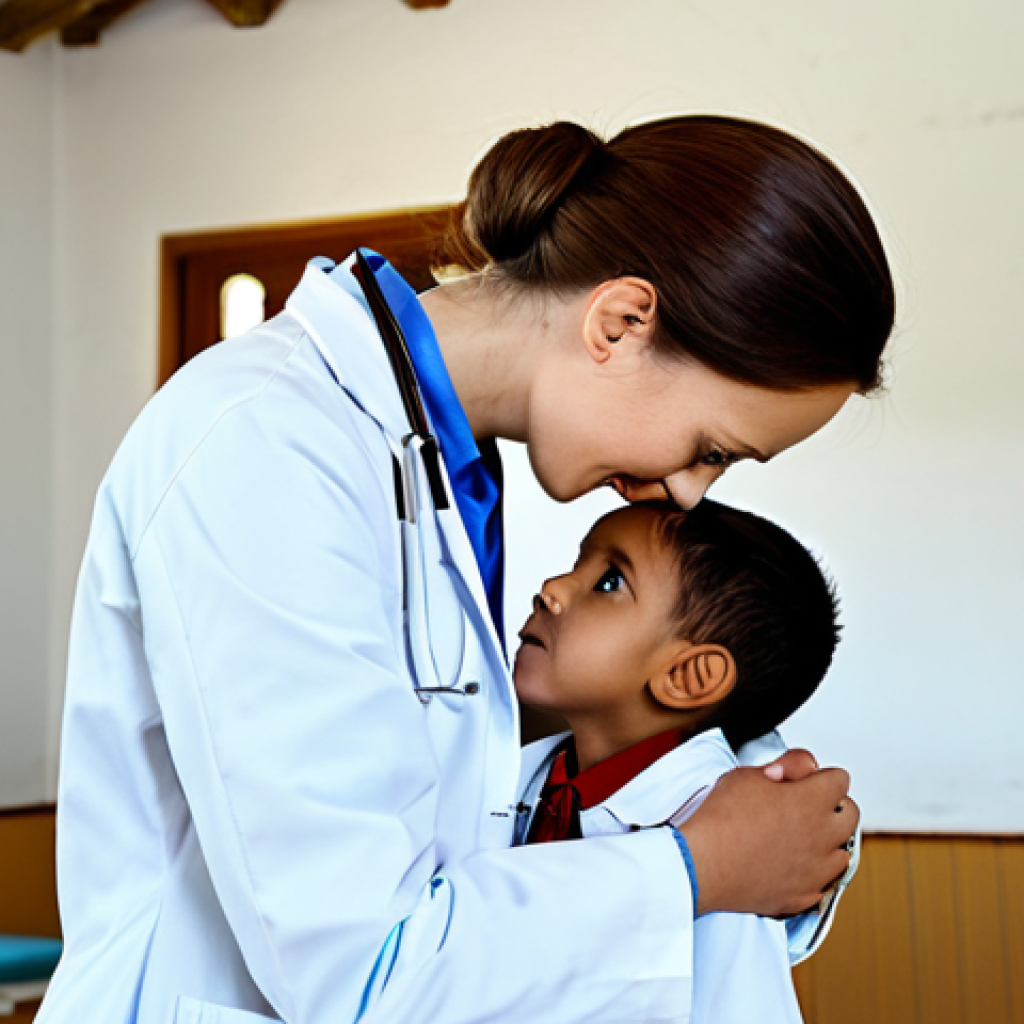 **

"A fully clothed, kind-looking doctor in a modest white coat, gently examining a child in a rural village clinic, appropriate attire, safe for work, perfect anatomy, natural proportions, professional photography, high quality, bright and hopeful lighting, community outreach, professional"

**