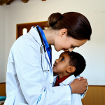 **

"A fully clothed, kind-looking doctor in a modest white coat, gently examining a child in a rural village clinic, appropriate attire, safe for work, perfect anatomy, natural proportions, professional photography, high quality, bright and hopeful lighting, community outreach, professional"

**