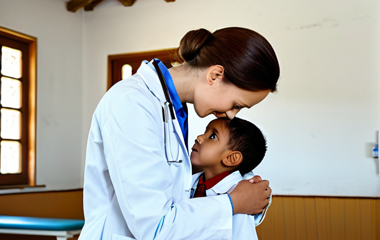 **
"A fully clothed, kind-looking doctor in a modest white coat, gently examining a child in a rural village clinic, appropriate attire, safe for work, perfect anatomy, natural proportions, professional photography, high quality, bright and hopeful lighting, community outreach, professional"
**