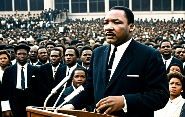 Martin Luther King Jr. Giving a Speech**
A professional portrait of Martin Luther King Jr. delivering a powerful speech at a civil rights rally, fully clothed in a dark suit and tie, appropriate attire. The background shows a crowd of diverse people listening attentively. Perfect anatomy, correct proportions, well-formed hands, safe for work, appropriate content, professional, modest.
**