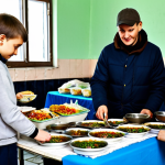 **

"A diverse group of volunteers in modest clothing serving a hot meal to people in need at a community center in Russia, fully clothed, safe for work, professional setting, showing compassion and community support, appropriate content, perfect anatomy, natural proportions, family-friendly, high quality photography."

**