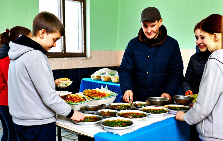 **

"A diverse group of volunteers in modest clothing serving a hot meal to people in need at a community center in Russia, fully clothed, safe for work, professional setting, showing compassion and community support, appropriate content, perfect anatomy, natural proportions, family-friendly, high quality photography."

**