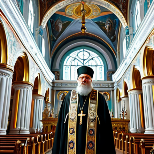 **

"A senior Russian Orthodox priest in full liturgical vestments, standing inside a brightly lit, ornate cathedral. Focus on the intricate details of the vestments and the architecture. Soft, diffused lighting. Fully clothed, appropriate attire, safe for work, perfect anatomy, natural proportions, professional photography, high quality, family-friendly."

**
