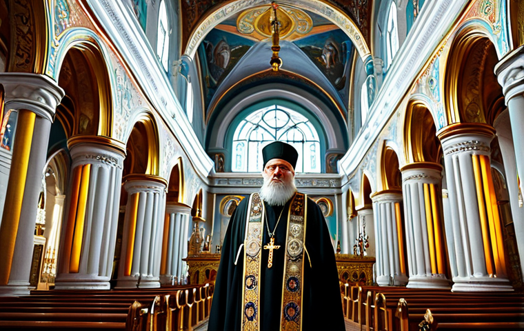 **

"A senior Russian Orthodox priest in full liturgical vestments, standing inside a brightly lit, ornate cathedral. Focus on the intricate details of the vestments and the architecture. Soft, diffused lighting. Fully clothed, appropriate attire, safe for work, perfect anatomy, natural proportions, professional photography, high quality, family-friendly."

**