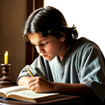 예수 그리스도의 생애 - Young Jesus Studying**

A young boy, representing Jesus, fully clothed in simple, modest attire typi...