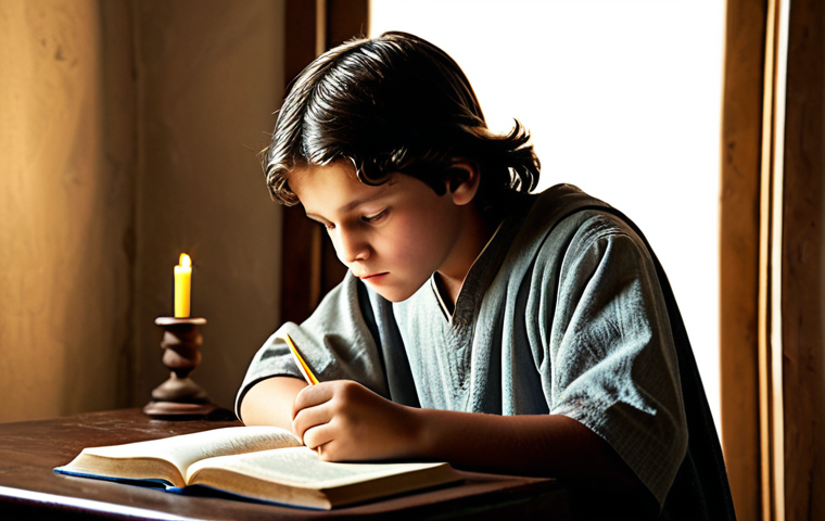 예수 그리스도의 생애 - Young Jesus Studying**
A young boy, representing Jesus, fully clothed in simple, modest attire typi...