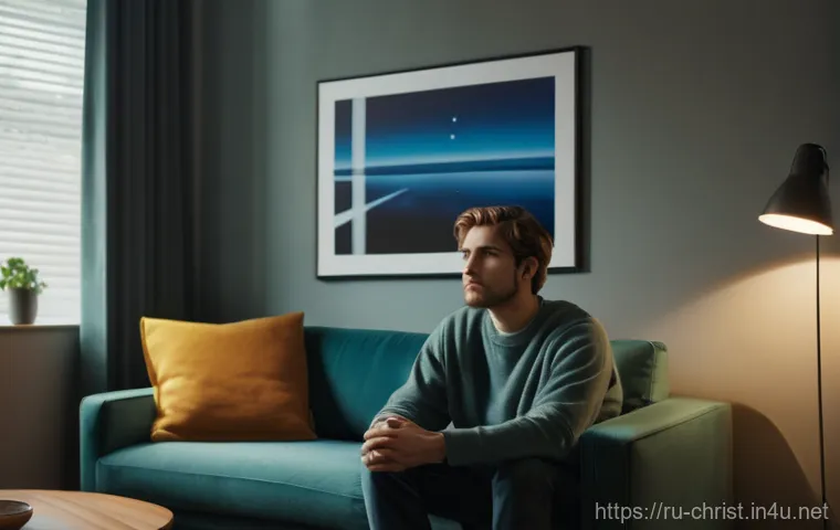 기독교와 영화 - A thoughtfully contemplative young adult, dressed in comfortable, modest streetwear, sits alone in a...