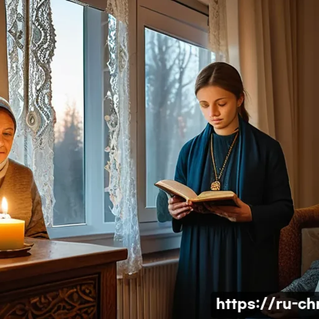 기독교와 가족 치료 - A warm, intimate family scene in a cozy Russian living room decorated with traditional Orthodox icon...