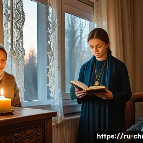 기독교와 가족 치료 - A warm, intimate family scene in a cozy Russian living room decorated with traditional Orthodox icon...