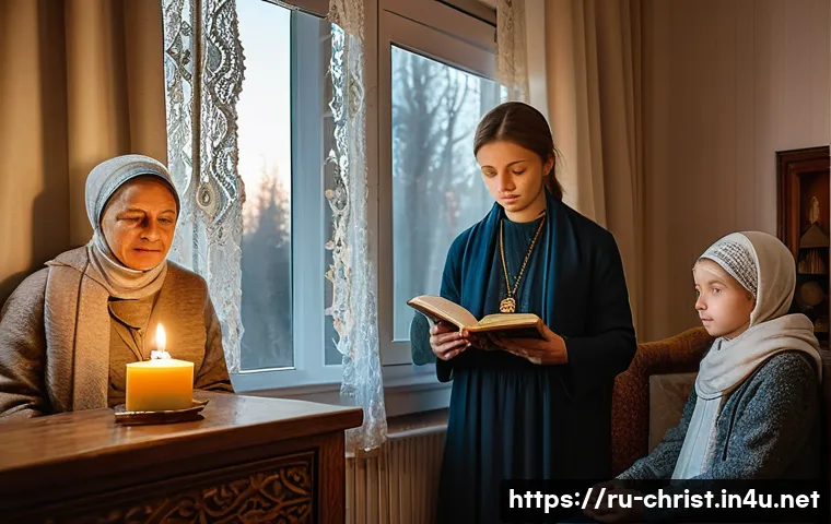 기독교와 가족 치료 - A warm, intimate family scene in a cozy Russian living room decorated with traditional Orthodox icon...