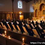 기독교와 예배 형식 - A solemn Eastern Orthodox church interior during a traditional liturgy, featuring richly decorated i...