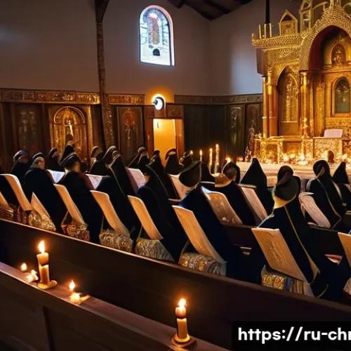기독교와 예배 형식 - A solemn Eastern Orthodox church interior during a traditional liturgy, featuring richly decorated i...