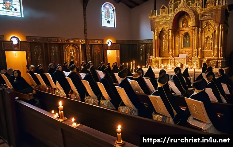 기독교와 예배 형식 - A solemn Eastern Orthodox church interior during a traditional liturgy, featuring richly decorated i...