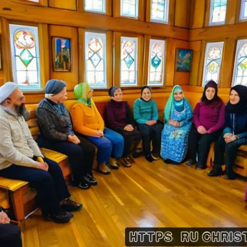 기독교와 이민자 문제 - A warm and welcoming scene inside a Russian Orthodox church community hall, where diverse immigrants...