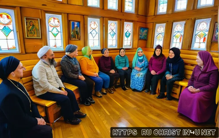 기독교와 이민자 문제 - A warm and welcoming scene inside a Russian Orthodox church community hall, where diverse immigrants...