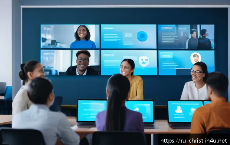 기독교와 현대 윤리 - A serene digital classroom scene featuring diverse young adults engaging in an online ethics worksho...