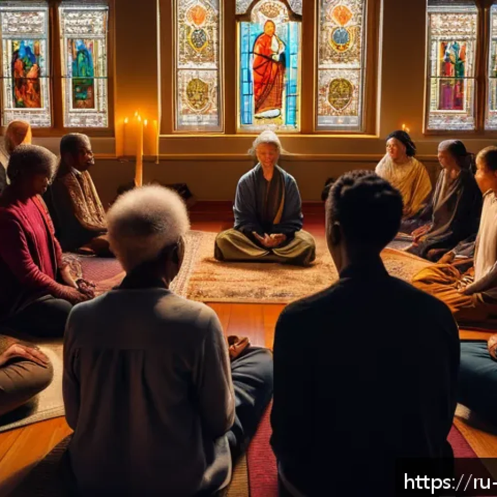 기독교의 성령 집회 - A serene spiritual gathering in a warm, softly lit room filled with diverse people of various ages s...