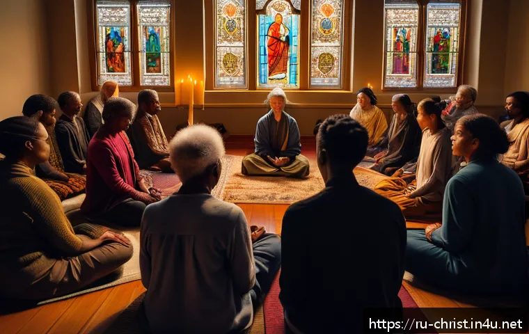 기독교의 성령 집회 - A serene spiritual gathering in a warm, softly lit room filled with diverse people of various ages s...