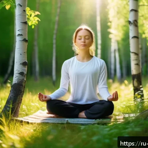 기독교와 상담 - A serene scene of a young adult meditating peacefully in a sunlit Russian birch forest during early ...