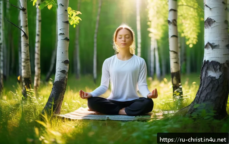 기독교와 상담 - A serene scene of a young adult meditating peacefully in a sunlit Russian birch forest during early ...