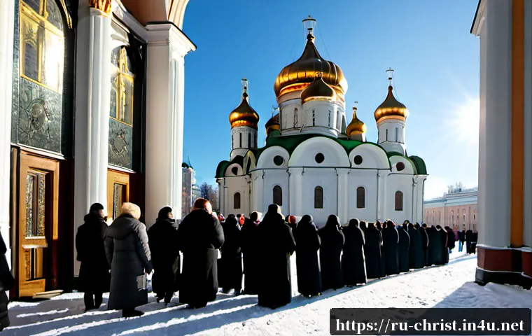 Home 17 한국의 대형 교회와 성장 - Photorealistic wide-angle view of a large Russian Orthodox cathedral during a Sunday morning service...
