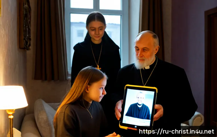 기독교와 디지털 미디어 - Photorealistic scene of a Russian Orthodox Christian family in a warm Moscow apartment, grandparents...